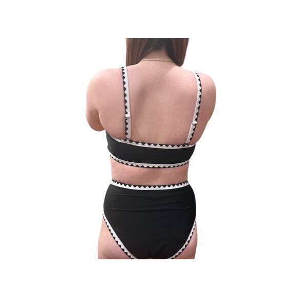 NEW Herseas SWIMSUIT Womens SM Bikini Black White Whip Stitch 2 Piece High Waist - Picture 10 of 11